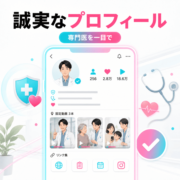 緩和ケア専門医の誠実なプロフィール設計や固定動画、リンク導線をスマートフォン画面風に示したイラスト