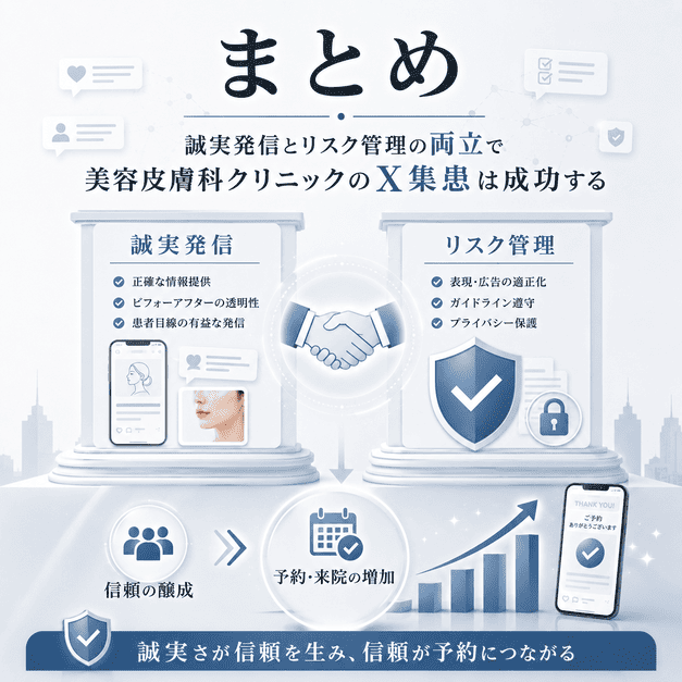 美容皮膚科クリニックのX集患で、誠実発信とリスク管理を両立して成功につなげるイメージ