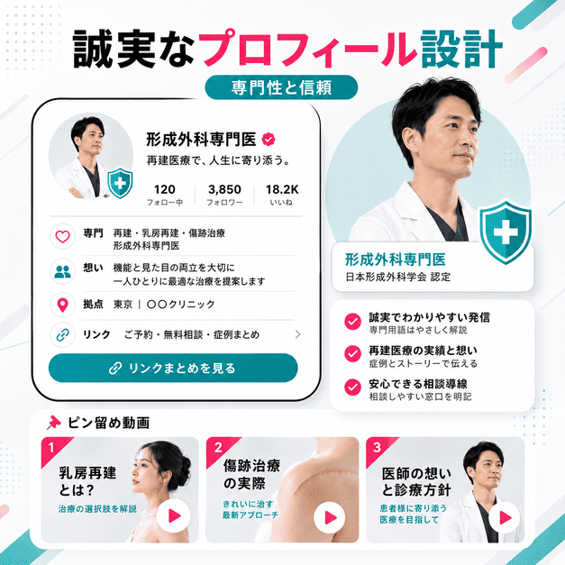 形成外科専門医のプロフィール設計で専門性や再建医療への信頼感を伝える画面構成を示したイラスト