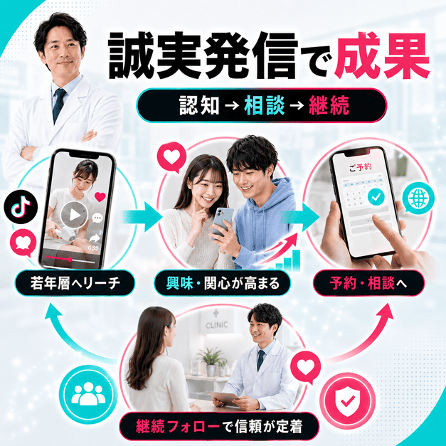 誠実なTikTok発信から認知、相談、継続フォローへつながり、医療脱毛クリニックの集患成果に結びつく流れを示したイラスト