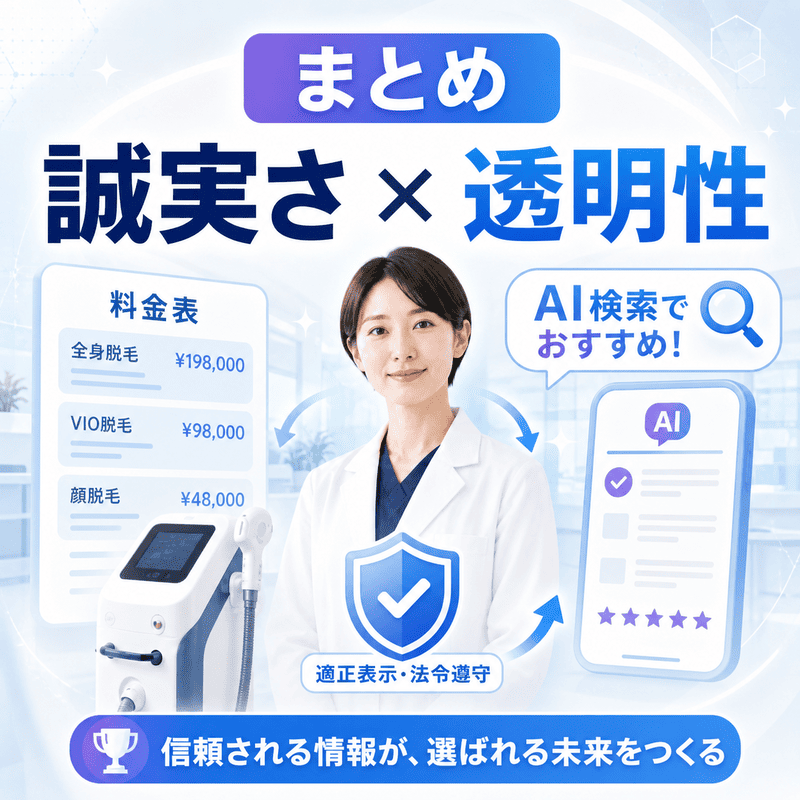誠実さと透明性を軸に、料金表・法令遵守・AI検索での推薦を表現した補足イラスト