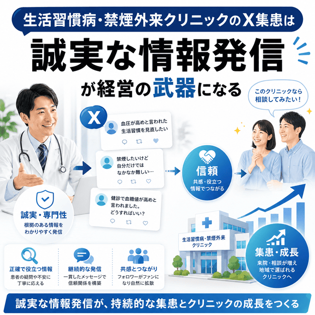 誠実な情報発信によって患者の信頼を高め、生活習慣病・禁煙外来クリニックの集患と成長につなげるまとめイラスト