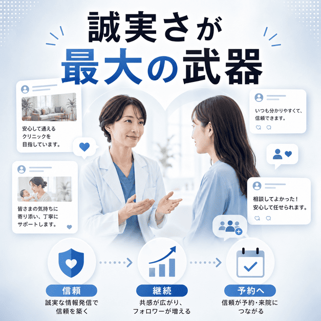 誠実な情報発信が患者の信頼、フォロワー継続、予約につながる流れを表したまとめ用イラスト