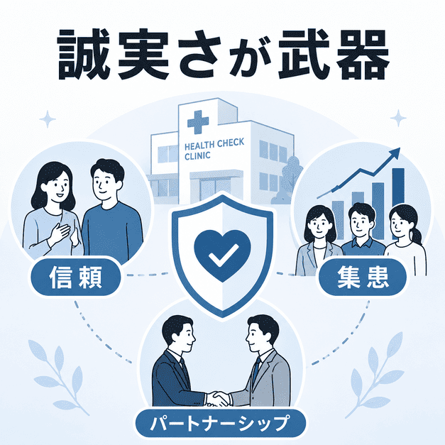 健診クリニックのX集患で誠実な情報発信が信頼、集患、法人連携につながるまとめ図解