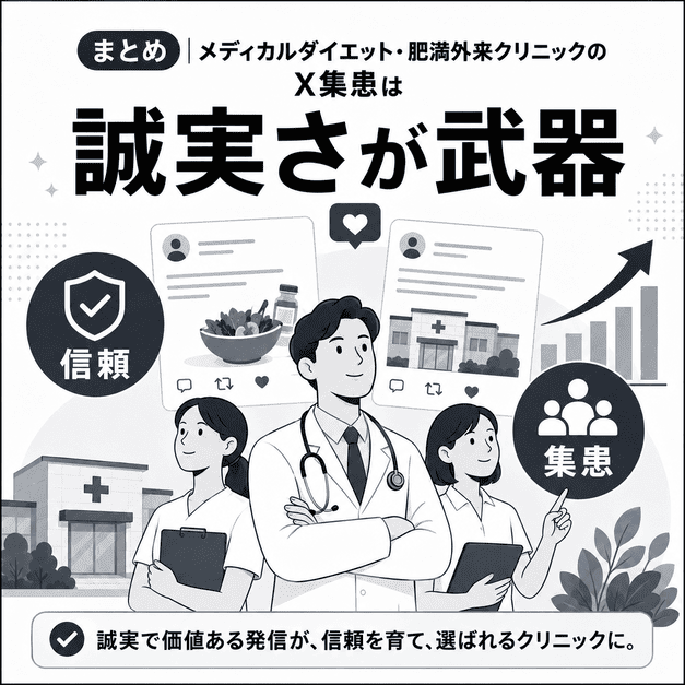 誠実で価値あるX発信が信頼を育て、メディカルダイエット・肥満外来クリニックの集患につながるイラスト