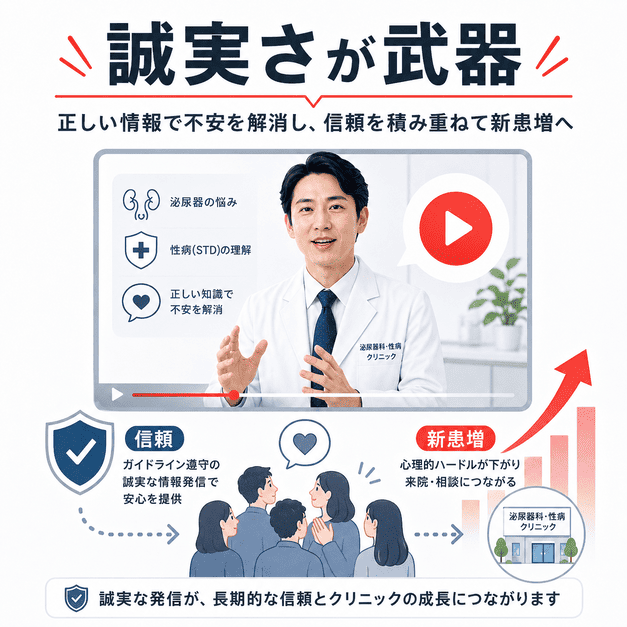 誠実な医療情報発信によって患者の不安を下げ、信頼形成と新患増加につなげるまとめイラスト