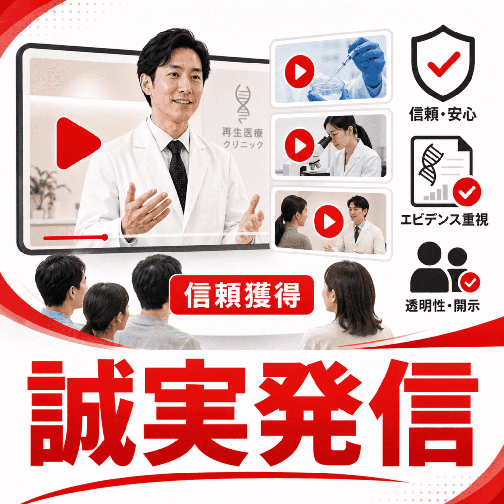 再生医療クリニックの医師が動画で誠実に情報発信し、視聴者の信頼を獲得する様子