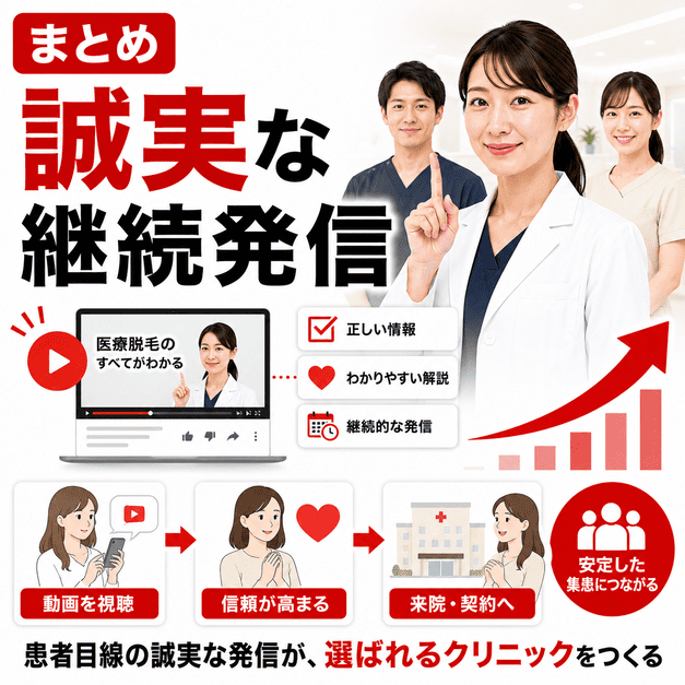 医師やスタッフが誠実な動画発信を継続し、患者の信頼と安定した集患につなげるまとめイラスト