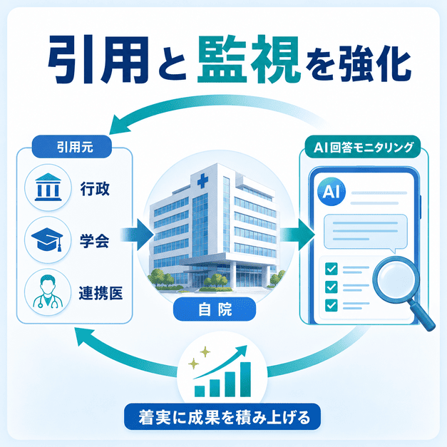 行政・学会・連携医からの引用獲得とAI回答モニタリングを循環させ、成果を積み上げる流れを示した図解