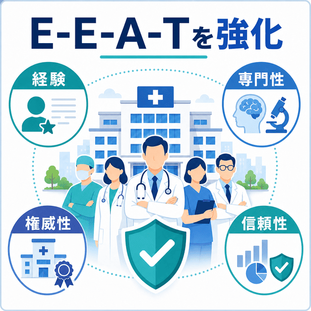 総合病院が経験・専門性・権威性・信頼性を示してE-E-A-Tを強化する方法を表した図解