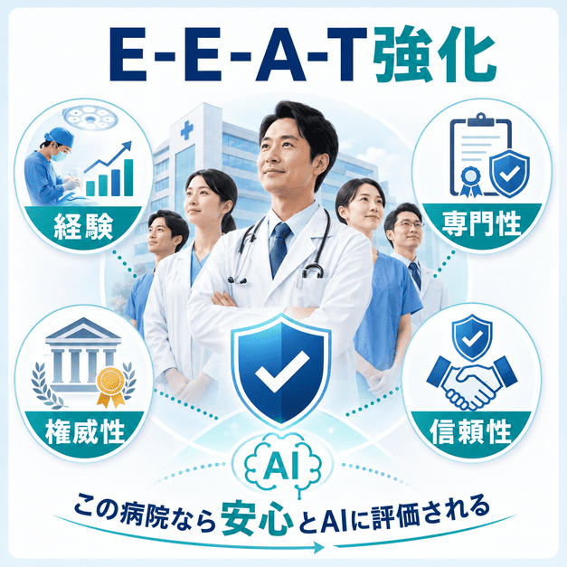 総合病院が経験・専門性・権威性・信頼性を示し、AIから安心できる病院として評価される流れを示した図解