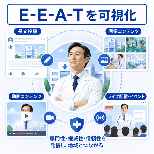 総合病院の専門性や信頼性を長文投稿、画像、動画、ライブ配信で可視化するコンテンツ運用のイメージ