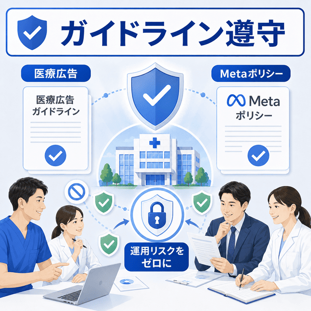 医療広告ガイドラインとMetaポリシーを確認しながら、総合病院のFacebook運用リスクを抑えるチェック体制のイメージ