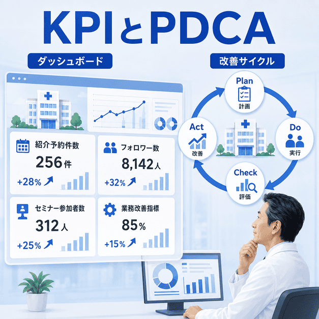 総合病院のFacebook運用成果をKPIダッシュボードとPDCAサイクルで分析し改善する様子