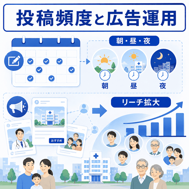 投稿頻度や朝昼夜の配信タイミング、広告運用によって地域住民へのリーチを広げるFacebook戦略の図解