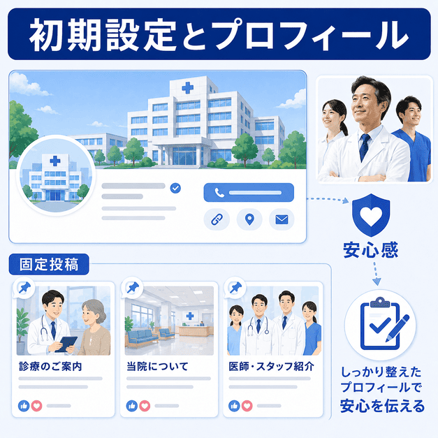 総合病院のFacebookページでプロフィールや固定投稿を整え、初訪問者に安心感を伝える設定画面のイメージ