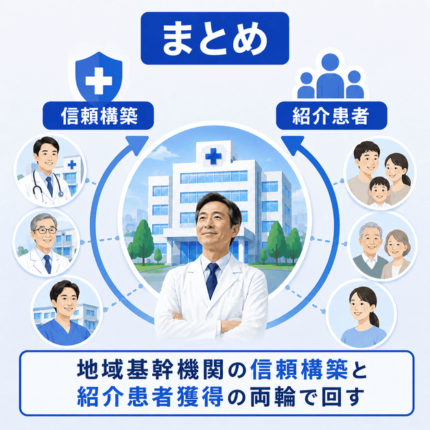 地域基幹機関としての信頼構築と紹介患者獲得を両輪に、総合病院のFacebook集患を回すまとめの図解