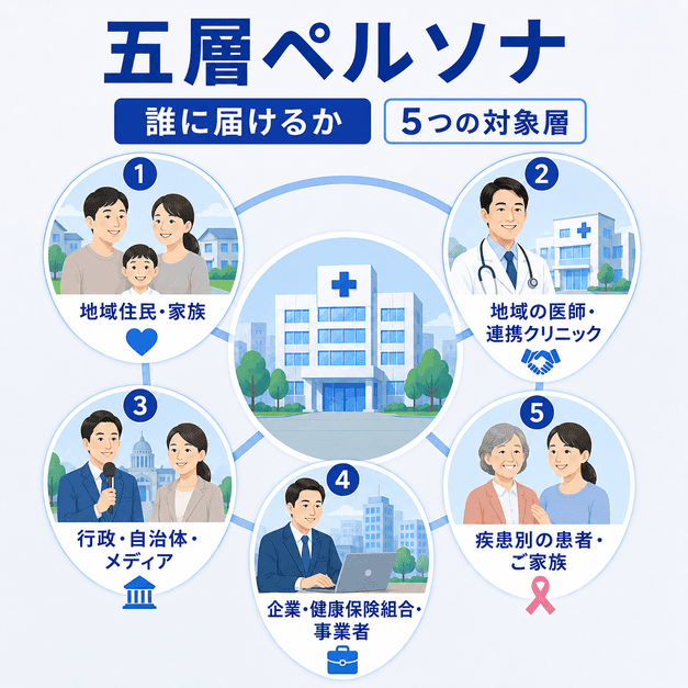 総合病院のFacebook配信対象として地域住民、連携医療機関、行政、企業、疾患別患者を五層で整理した図解