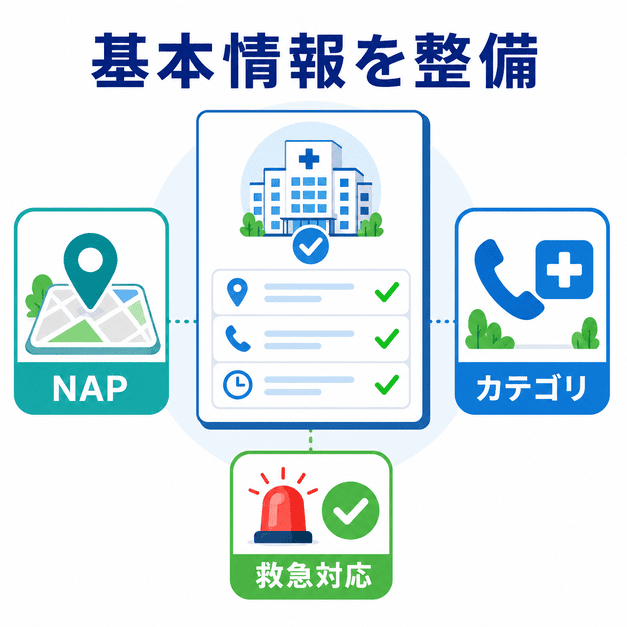 総合病院のGBPでNAP情報、カテゴリ、救急対応情報を正確に整備する重要性を示したイラスト