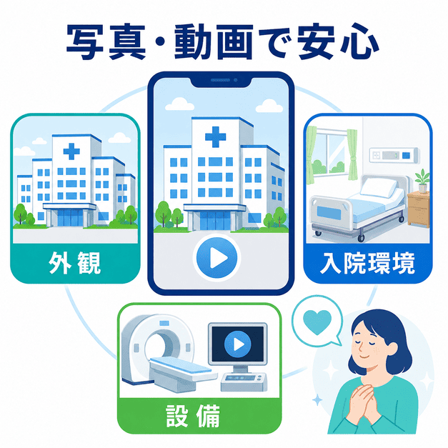 外観、入院環境、医療設備の写真や動画で病院の見える化を進め、患者の不安を和らげる様子を表したイラスト