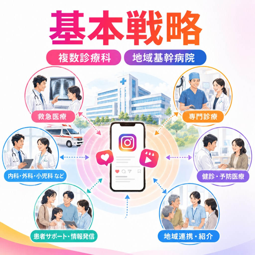 総合病院のInstagram運用で、複数診療科や救急医療、地域連携を組み合わせて発信する基本戦略の図