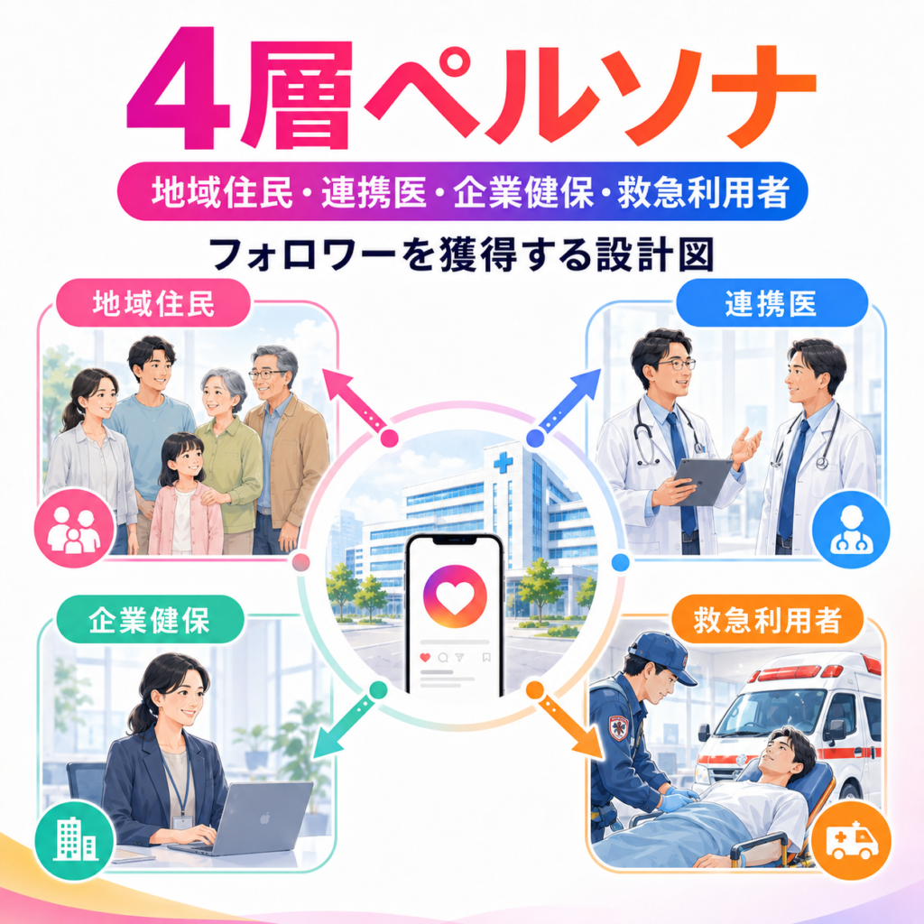 地域住民、連携医、企業健保、救急利用者の4層に向けてInstagram発信を分ける設計図