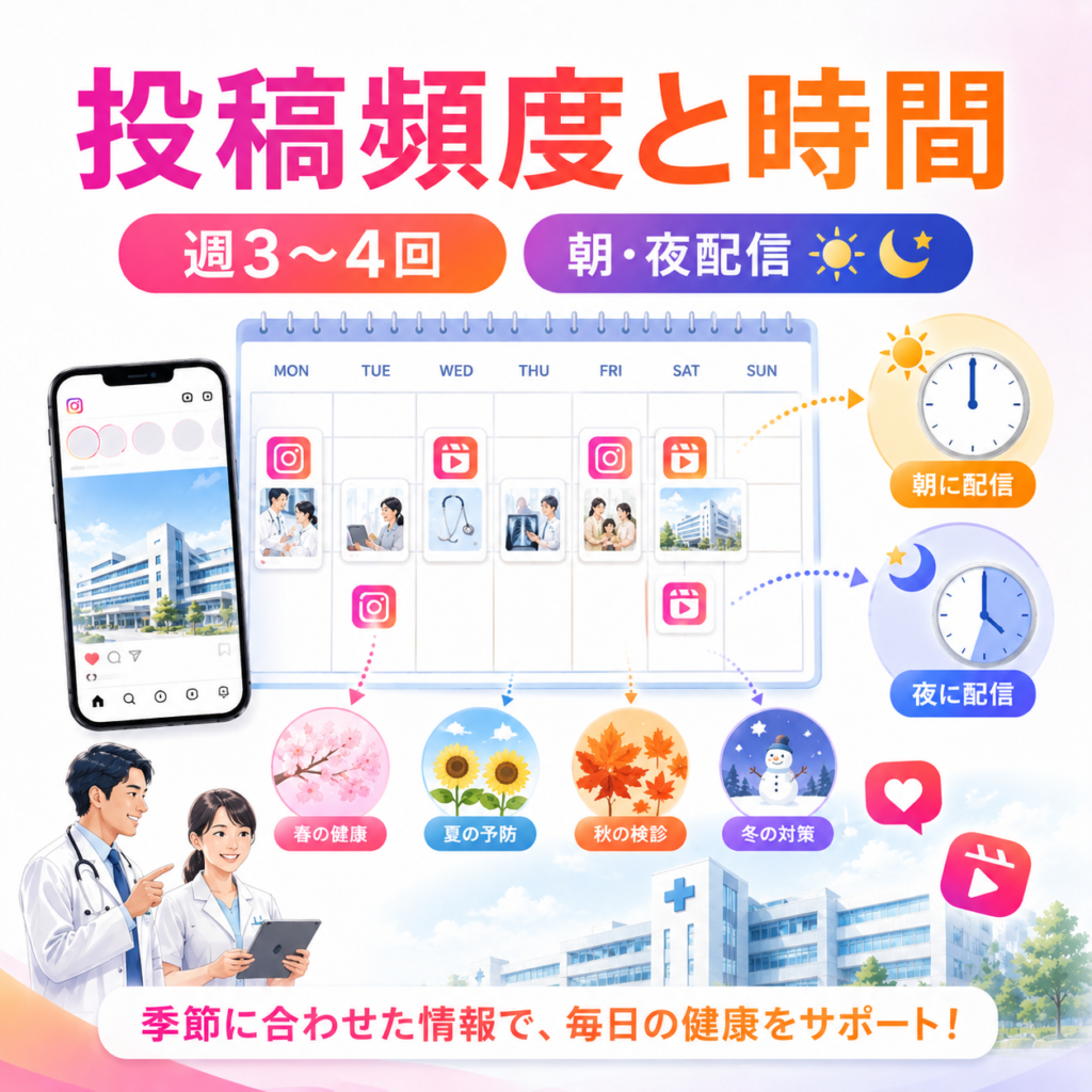 週3〜4回のフィード投稿や朝夜の配信、季節情報を組み合わせたInstagram投稿スケジュール