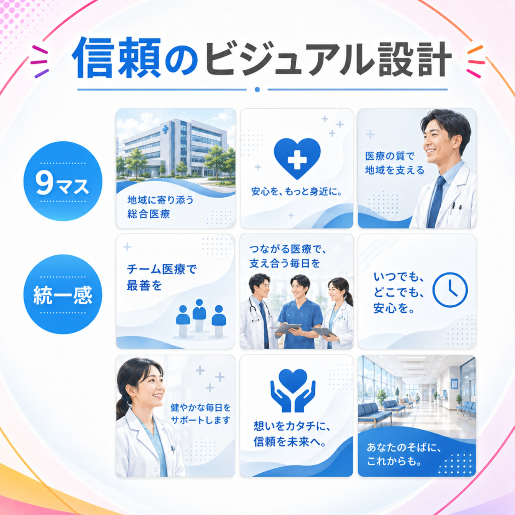 青、白、グレーを基調にした9マス投稿で、総合病院の信頼感と統一感を伝えるビジュアル設計