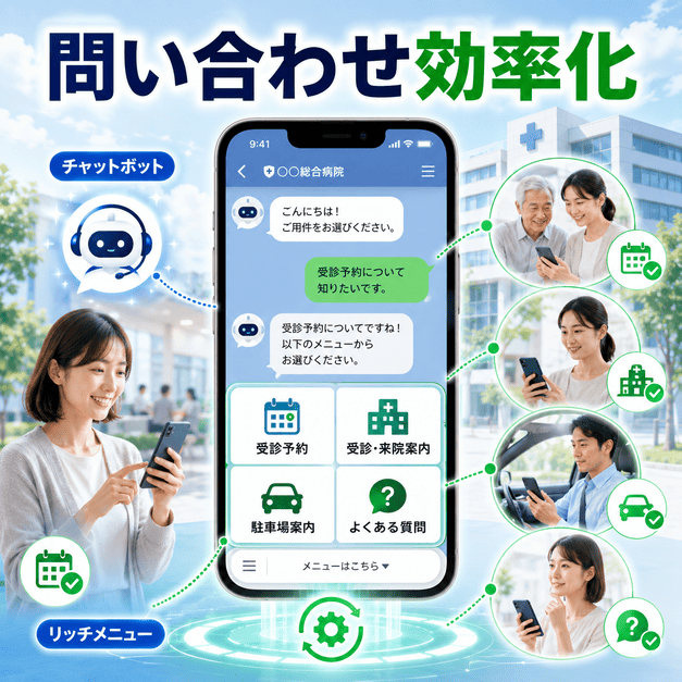 総合病院LINEのチャットボットとリッチメニューで問い合わせ対応を効率化するイメージ