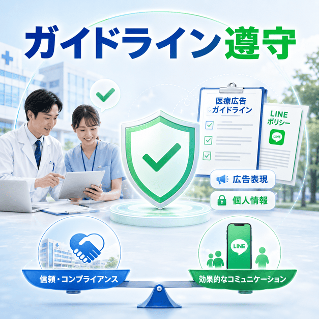 総合病院LINE運用で医療広告ガイドラインとLINEポリシーを確認しながら安全に配信するイメージ