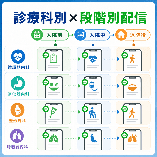 総合病院LINEで診療科別と入院前・入院中・退院後の段階別に配信を設計する図解