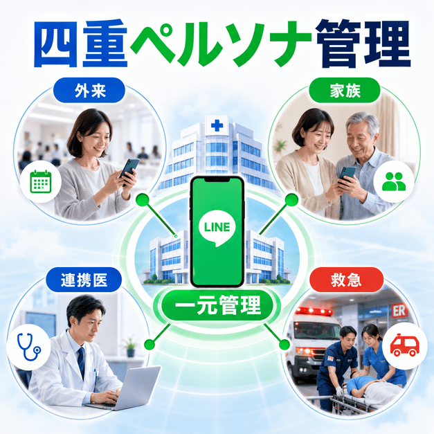 総合病院のLINE運用で外来・家族・連携医・救急患者の四重ペルソナを一元管理する図解