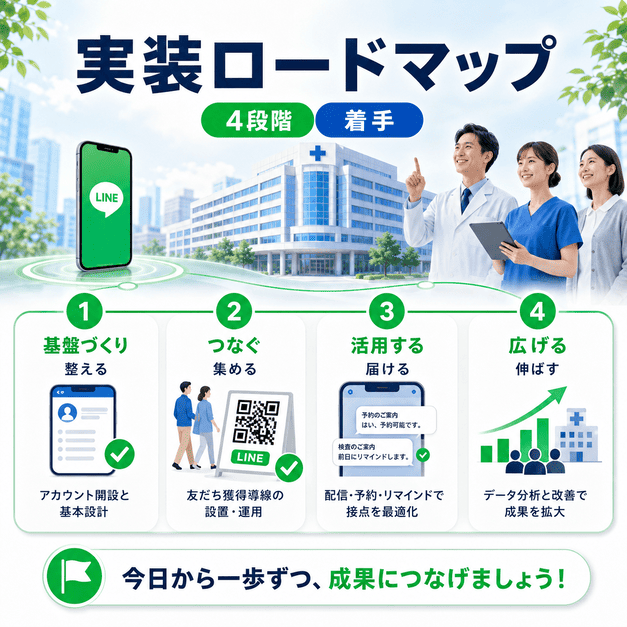 総合病院LINE集患を4段階の実装ロードマップで進める流れを示した図解