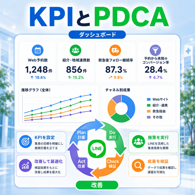 総合病院LINE集患のWeb予約率や地域連携率をKPIダッシュボードとPDCAで改善する図解