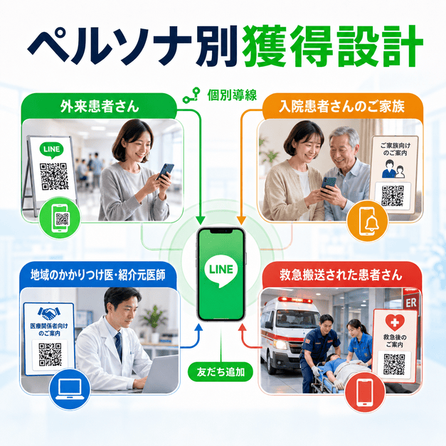 総合病院LINEで外来患者・入院患者家族・地域かかりつけ医・救急患者ごとに友だち追加導線を設計する図解