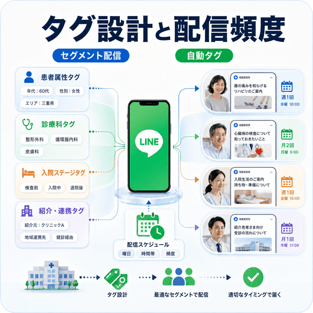 総合病院LINEで患者属性や診療科タグを使いセグメント配信と配信頻度を管理する図解