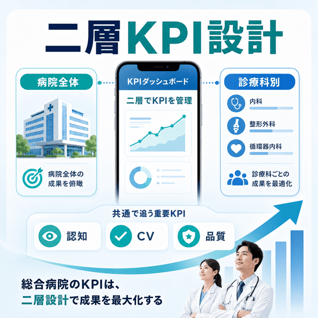 病院全体と診療科別の二層でLLMOのKPIを管理し、成果を可視化する仕組みを示した図解