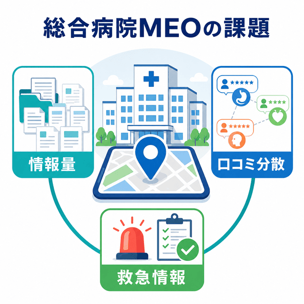 総合病院のMEO対策で課題となる情報量の多さ、口コミ分散、救急情報の正確性を図解したイラスト