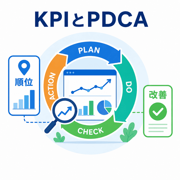 総合病院のMEO効果をKPIで測定し、PDCAサイクルで改善していく流れを図解したイラスト