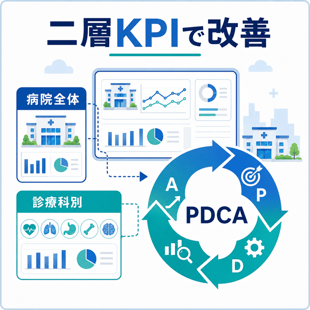 病院全体と診療科別の二層KPIをもとにPDCAを回してSEO成果を改善する図解