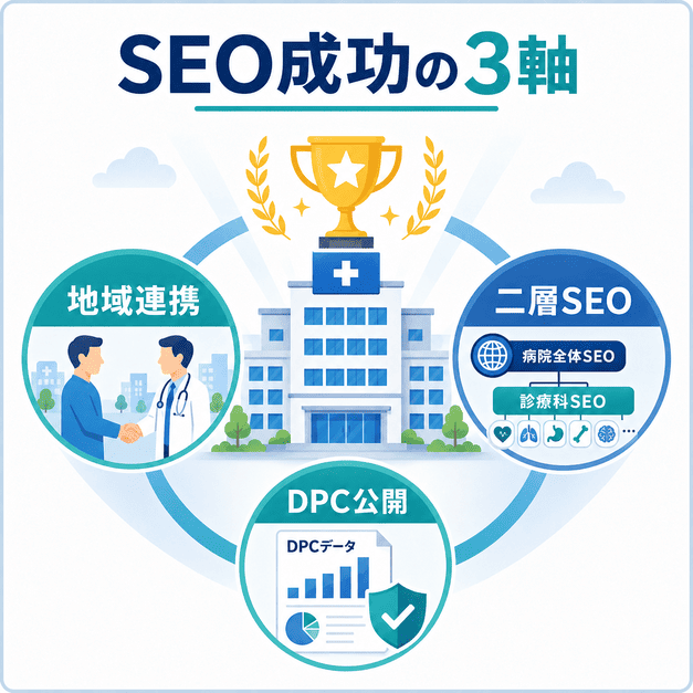 地域連携、二層SEO、DPC公開の3軸で総合病院のSEO成功を目指す総まとめ図
