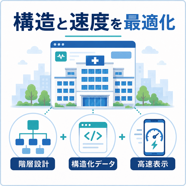 大規模病院サイトで階層設計、構造化データ、高速表示を最適化するテクニカルSEOの図解