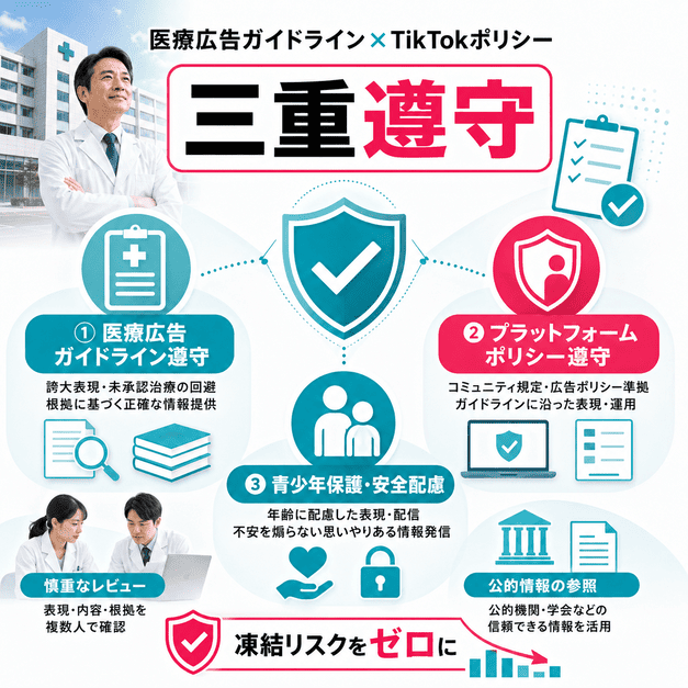医療広告ガイドライン、TikTokポリシー、若年層保護を三重に確認して安全に運用するイメージ