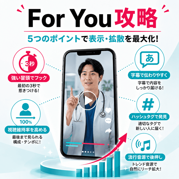 For Youページに表示されるために冒頭3秒、字幕、ハッシュタグ、視聴維持率を工夫する動画改善のイメージ