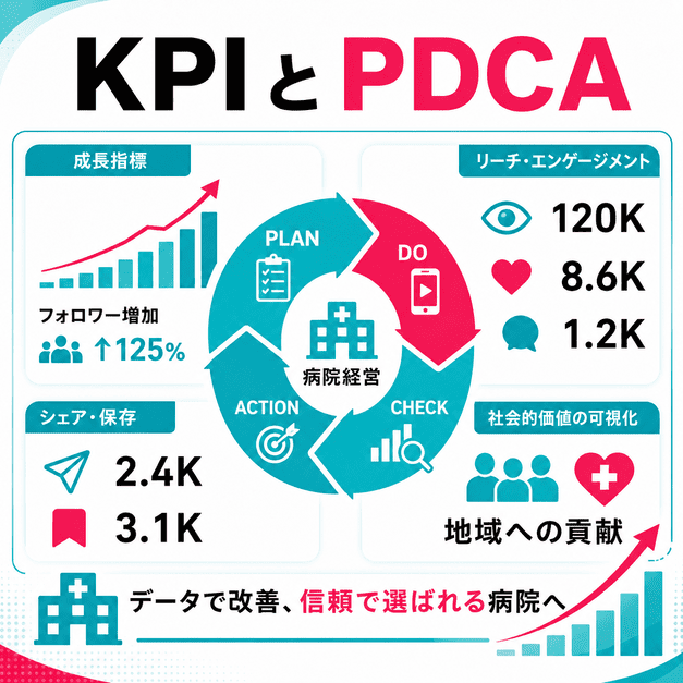 総合病院のTikTok運用でKPIを確認し、PDCAサイクルで経営成果へつなげる分析画面のイメージ