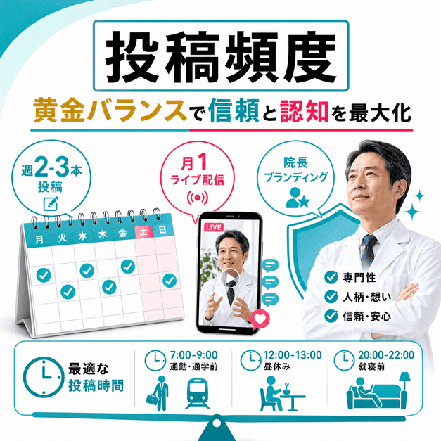 総合病院のTikTok投稿頻度、配信タイミング、院長ブランディングをバランスよく設計するイメージ