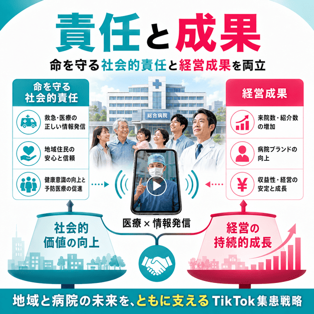 総合病院のTikTok集患が命を守る社会的責任と経営成果を両立する様子