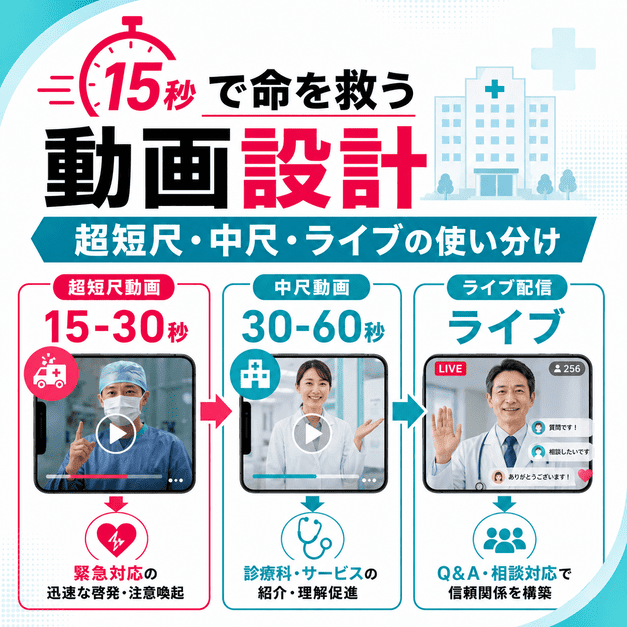 総合病院のTikTokで15秒動画、中尺動画、ライブ配信を目的別に使い分ける動画設計のイメージ