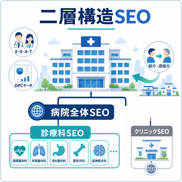 総合病院のSEOでは病院全体SEOと診療科別SEOを二層で設計する必要があることを示す図解