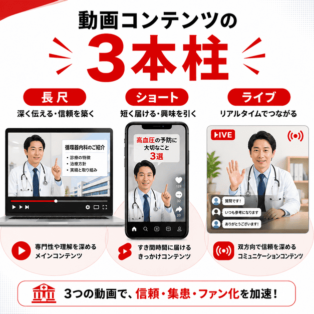 総合病院のYouTube動画を長尺動画、ショート動画、ライブ配信の三本柱で運用する構成図